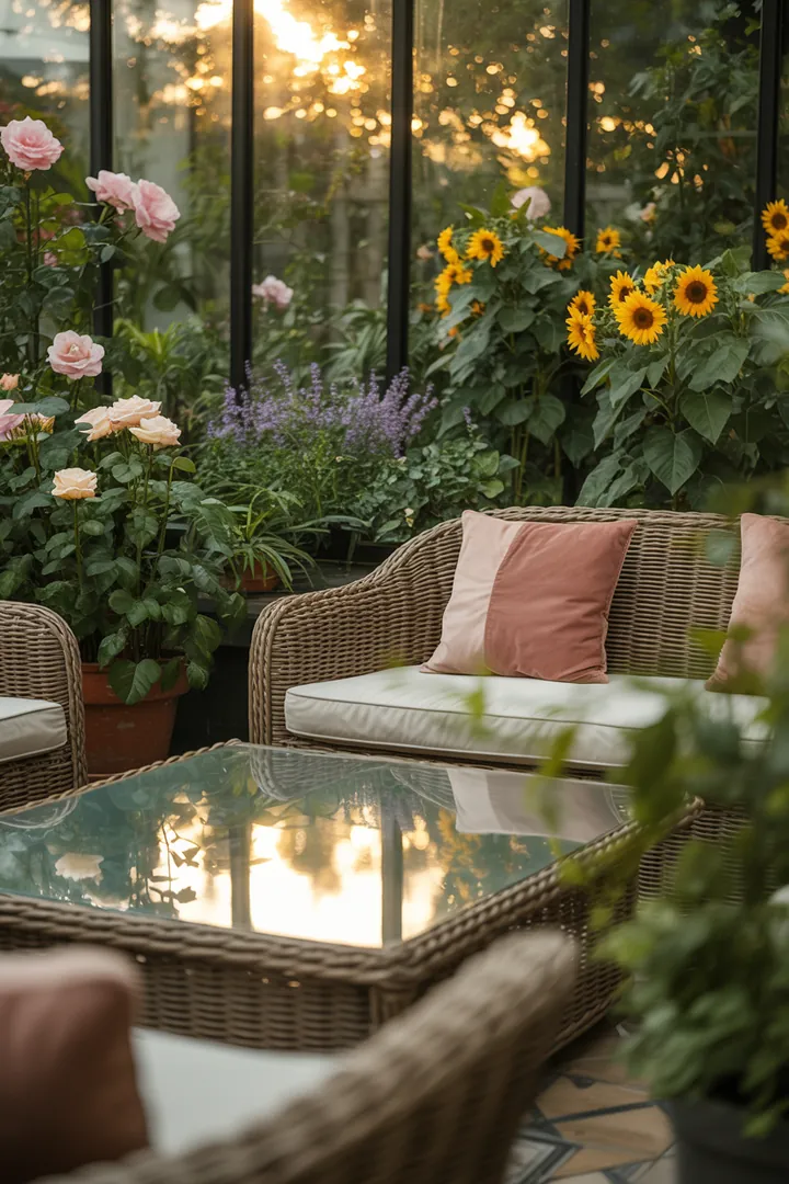 Gemütliche Sitzgruppe aus strapazierfähigem Material für stilvolle Innen- und Außenbereiche, ideal für die Gestaltung eines modernen Verglasungsgartens.