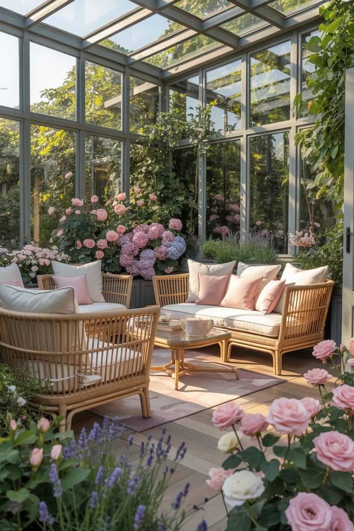 Ein stilvoller Raum mit gemütlichen Loungemöbeln aus Polyrattan, ideal für die harmonische Gestaltung von Innen- und Außenbereichen in einem verglasten Garten.