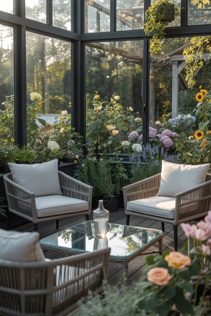 Elegante Möbel für den Wintergarten aus Polyrattan, ideal für stilvolle Innen-Außen-Einrichtungen, schaffen eine einladende Atmosphäre im Verglasungsgarten.