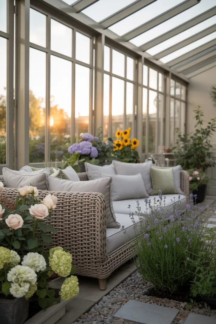 Gemütliche Sitzgelegenheit aus wetterbeständigem Material, ideal für entspannte Stunden in einem verglasten Rückzugsort, perfekt für die harmonische Verbindung von Innen- und Außenbereichen.