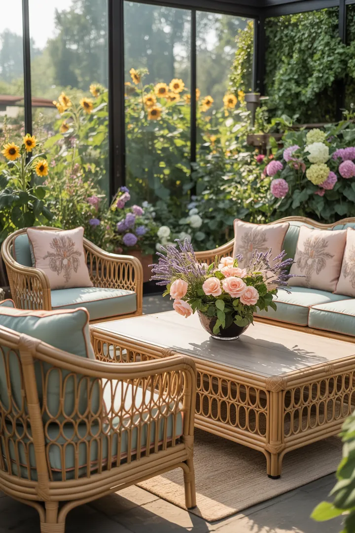 Stylische Möbel aus Polyrattan für eine gemütliche Wintergarten-Einrichtung, ideal für Innen- und Außenbereiche in einem verglasten Garten.