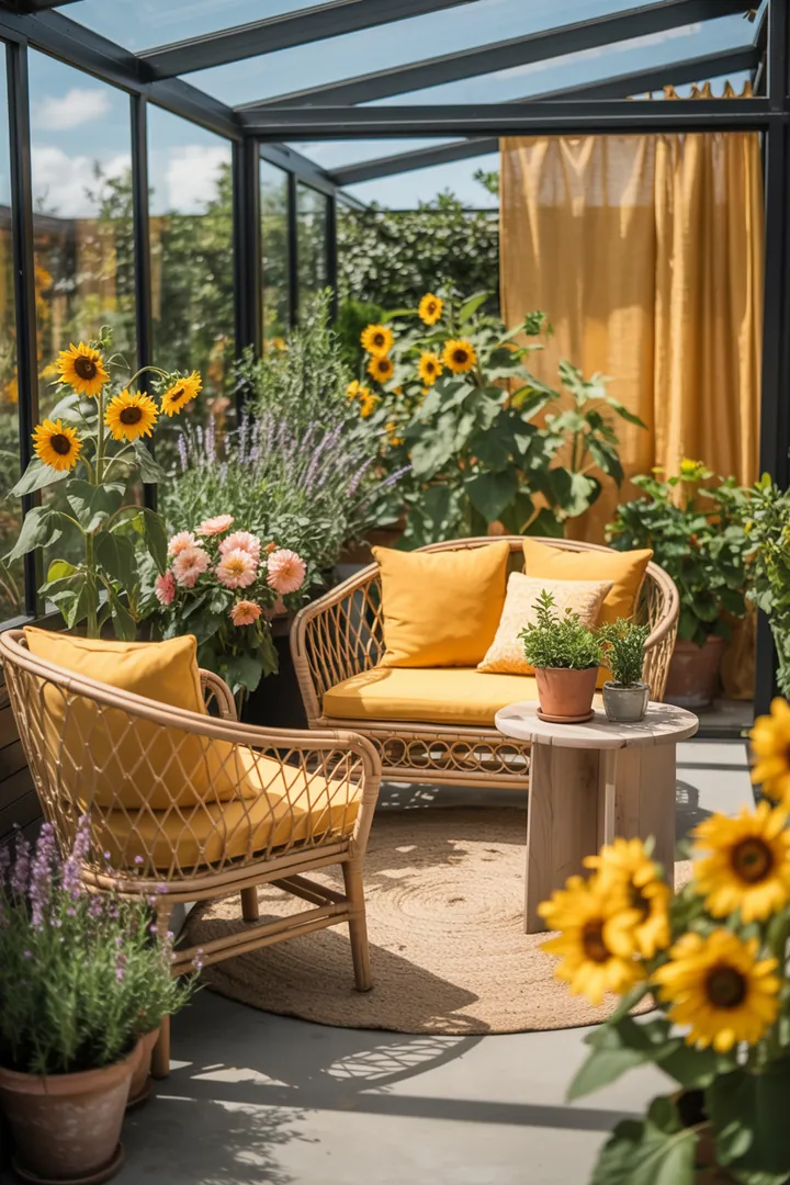 Gemütliche Polyrattan-Loungemöbel im stilvollen Verglasungsgarten, ideal für die harmonische Wintergarten-Einrichtung und die nahtlose Verbindung zwischen Innen- und Außenbereich.