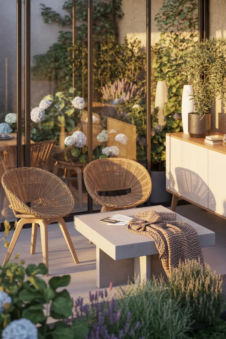 Gemütliche Loungemöbel aus Polyrattan in einem stilvollen Verglasungsgarten, ideal für die harmonische Innen-Außen-Gestaltung im Wintergarten.