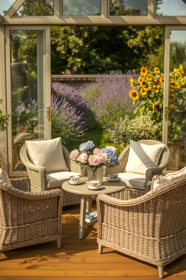 Gemütliche Polyrattan-Loungemöbel in einem stilvollen Verglasungsgarten, ideal für die elegante Wintergarten-Einrichtung und harmonische Innen-Außen-Nutzung.