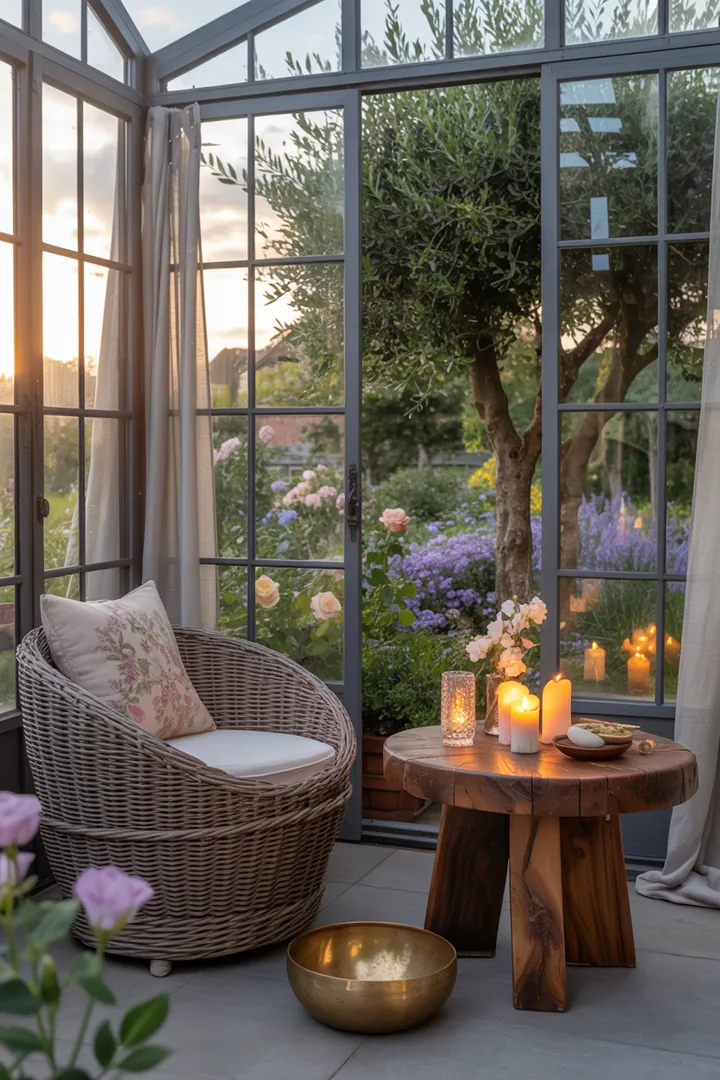 Elegante Loungemöbel aus Polyrattan in einem stilvollen Verglasungsgarten, ideal für die harmonische Einrichtung von Innen- und Außenbereichen im Wintergarten.